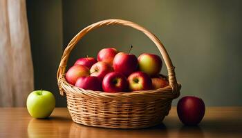 ai generado un cesta lleno de manzanas en un mesa foto