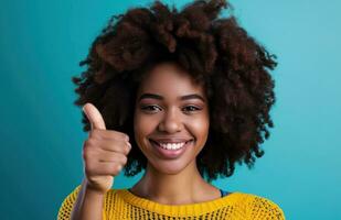 AI generated beautiful african american woman with a afro showing her thumb photo