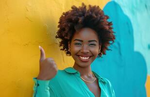 AI generated beautiful african american woman with a afro showing her thumb photo