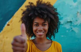 AI generated beautiful african american woman with a afro showing her thumb photo