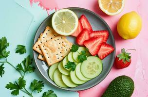 AI generated a healthy snack with vegetables, lemon, avocado and crackers photo