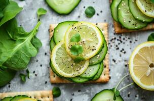 AI generated a healthy snack with vegetables, lemon, avocado and crackers photo