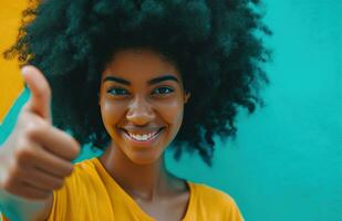 AI generated beautiful african american woman with a afro showing her thumb photo