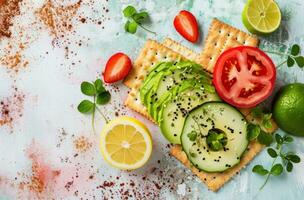 AI generated a healthy snack with vegetables, lemon, avocado and crackers photo