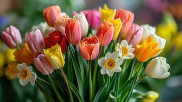 AI generated Blooming tulips, daffodils, and Easter lilies in a vibrant springtime arrangement photo