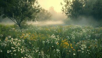 AI generated a grassy field full of wildflowers and trees photo