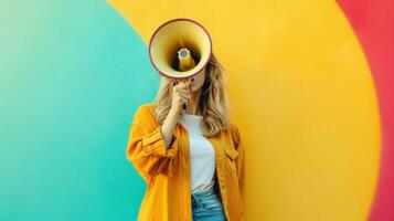 AI generated beautiful woman with megaphone against vivid minimalist background with copy space photo