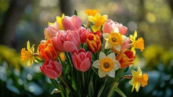 AI generated Blooming tulips, daffodils, and Easter lilies in a vibrant springtime arrangement photo