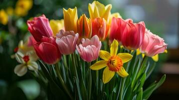 ai generado floreciente tulipanes, narcisos, y Pascua de Resurrección lirios en un vibrante primavera arreglo foto