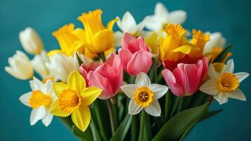 AI generated Blooming tulips, daffodils, and Easter lilies in a vibrant springtime arrangement photo