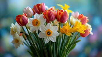 AI generated Blooming tulips, daffodils, and Easter lilies in a vibrant springtime arrangement photo