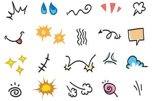 Vector set of hand-drawn cartoony expression sign doodle, curve directional arrows, emoticon effects design elements, cartoon character emotion symbols, cute decorative brush stroke lines.