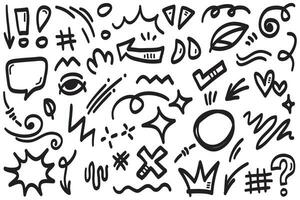 Conjunto de vectores de doodle de signo de expresión de dibujos animados dibujados a mano, flechas direccionales de curva, elementos de diseño de efectos de emoticonos, símbolos de emoción de personaje de dibujos animados, lindas líneas de trazo de pincel decorativo.