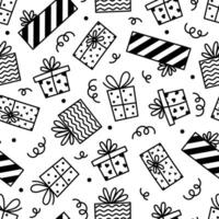 Gift boxes and confetti seamless vector pattern. Containers with bow, ribbon. Black and white presents with polka dot, stripes. Hand drawn doodle, holiday sketch. Background for party, birthday, event