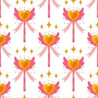 Magic wand seamless vector pattern. Pink stick with ornament. Gold heart with wings, ribbon. A shining tool for a wizard, fairy, kid princess. Toy for tricks, romantic wishes. Flat cartoon background