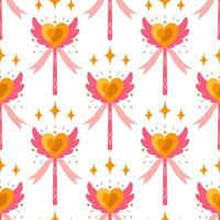 Magic wand seamless vector pattern. Pink stick with ornament. Gold heart with wings, ribbon. A shining tool for a wizard, fairy, kid princess. Toy for tricks, romantic wishes. Flat cartoon background