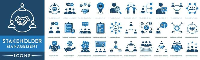 Stakeholder management Outline Icon Collection. Thin Line Stakeholder Engagement, Communication, Collaboration, Analysis, Feedback, Relations, Participation, Communication, Influence and Resilience vector