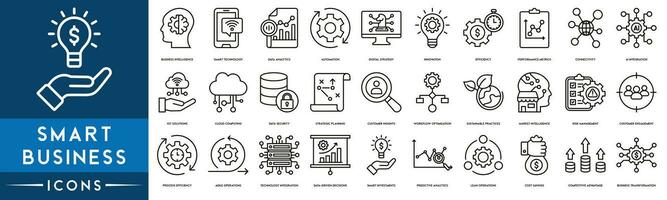 Smart Business Outline Icon Collection. Thin Line Set contains such Icons as Business Intelligence, Smart Technology, Data Analytics, Automation, Digital Strategy and Innovation icons vector