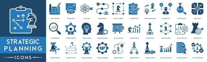 Strategic Planning icon set. Included the icons as Market Research, Strategic Leadership, Thinking, Development, Insights, Review, Strategic Goals, Roadmap, Decision and Strategic Performance vector