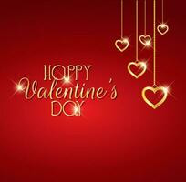 Happy Valentines Day Red Background With Hanging Golden Heart Ornament Pendants vector