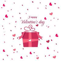 Happy Valentines Day Typography With Gift Box Ribbon Falling Confetti And Hearts vector