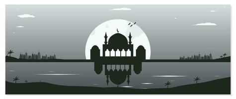 Mosque Silhouette Backgrounds with Urban Buildings and Full Moon in the Background vector