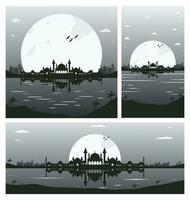 Collection of Mosque Silhouette Backgrounds with Urban Buildings and Full Moon in the Background vector