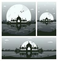 Collection of Mosque Silhouette Backgrounds with Urban Buildings and Full Moon in the Background vector