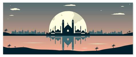 Mosque Silhouettes with Urban Buildings and Sunset Background vector