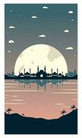 Mosque Silhouettes with Urban Buildings and Sunset Background vector