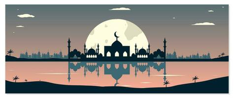 Mosque Silhouettes with Urban Buildings and Sunset Background vector