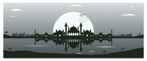 Mosque Silhouette Backgrounds with Urban Buildings and Full Moon in the Background vector