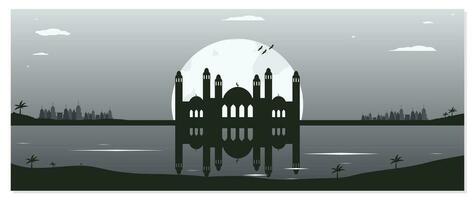 mezquita silueta antecedentes con urbano edificios y lleno Luna en el antecedentes vector