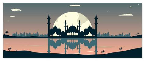 Mosque Silhouettes with Urban Buildings and Sunset Background vector