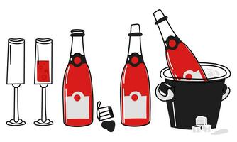 Set of champagne bottles and glasses. Vector flat isolated illustrations highlighted on a white background. An open, closed bottle of champagne in an ice bucket with a cork and glasses empty, filled