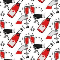 Pattern is a pair of hands with glasses, open champagne. Seamless pattern of male and female hands with glasses and bottles on a white background. Vector illustration romance, date, courtship