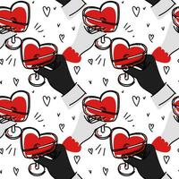 Pattern of male and female hands with glasses in the shape of a heart. Couple, lovers. Seamless pattern with a pair of wedding champagne glasses. Valentine's Day, romantic date on a white background vector