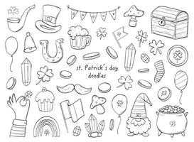 St Patrick's day monochrome doodles collection for coloring pages, prints, stickers, cards, sublimation, planners, stationary, etc. EPS 10 vector