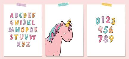 Nursery posters, banners, prints collection with cute hand drawn alphabet, numbers and unicorn. good for cards and sublimation. EPS 10 vector