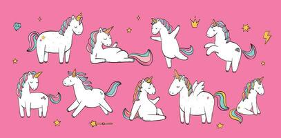 Unicorns collection, clip art, cartoon elements set for prints, nursery posters, cards, sublimation, stickers, signs, etc. EPS 10 vector