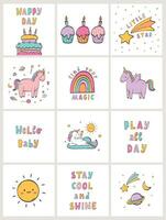 Nursery posters, cards, sublimation set with doodles and lettering quotes. Kids room wall art, clip art, stationary prints, stickers design. EPS 10 vector