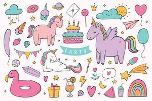 conjunto de linda mano dibujado guardería y fiesta garabatos con pasteles y unicornios aislado en blanco antecedentes para pegatinas, huellas dactilares, tarjetas y carteles decoración, sublimación, fondo de pantalla, etc. eps 10 vector