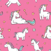 Unicorns seamless pattern. Repeat surface print with cute unicorns on pink background for kids wallpaper, wrapping paper, textile prints, stationary, scrapbooking, etc. EPS 10 vector