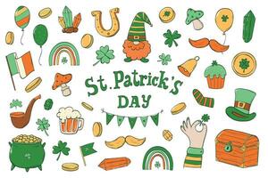 St. Patrick's day doodles collection, hand drawn cartoon decorative elements for stickers, prints, cards, sublimation, posters, etc. EPS 10 vector