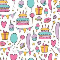 Birthday seamless pattern with doodles on white background for textile prints, table cloth, wallpaper, wrapping paper, scrapbooking, stationary, gift wrap, etc. EPS 10 vector