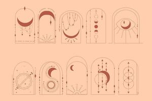 Bohemian Arch terracotta set Esoteric design. Celestial Frame line with moon and star. Minimal Celestial geometry Frame. Boho vector illustration. Esoteric magic elements.