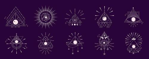 Esoteric pyramid set with eye isolated. Occult mystic triangle with sun and star. Geometric esoteric symbol. Vector illustration design drawn in lines. Mystic eye in triangle