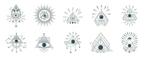 Esoteric pyramid set with eye isolated. Occult mystic triangle with sun and star. Geometric esoteric symbol. Vector illustration design drawn in lines. Mystic eye in triangle