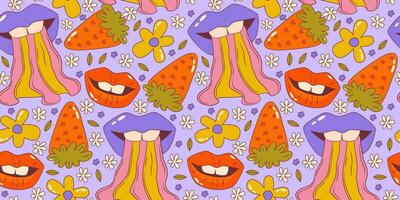 Trippy groovy flower seamless pattern. Retro groovy floral pattern with lips and strawberry. Psychedelic cartoon design. Summer seamless background. Vector illustration