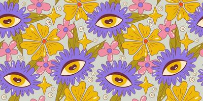 Trippy groovy flower seamless pattern. Retro groovy floral pattern with daisy and eye. Psychedelic cartoon design. Summer seamless background. Vector illustration